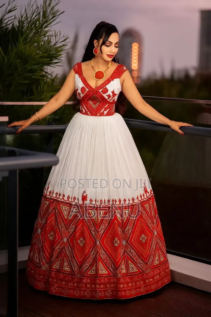 Elegant White Emerald Green Habesha Kemis | Traditional Ethiopian