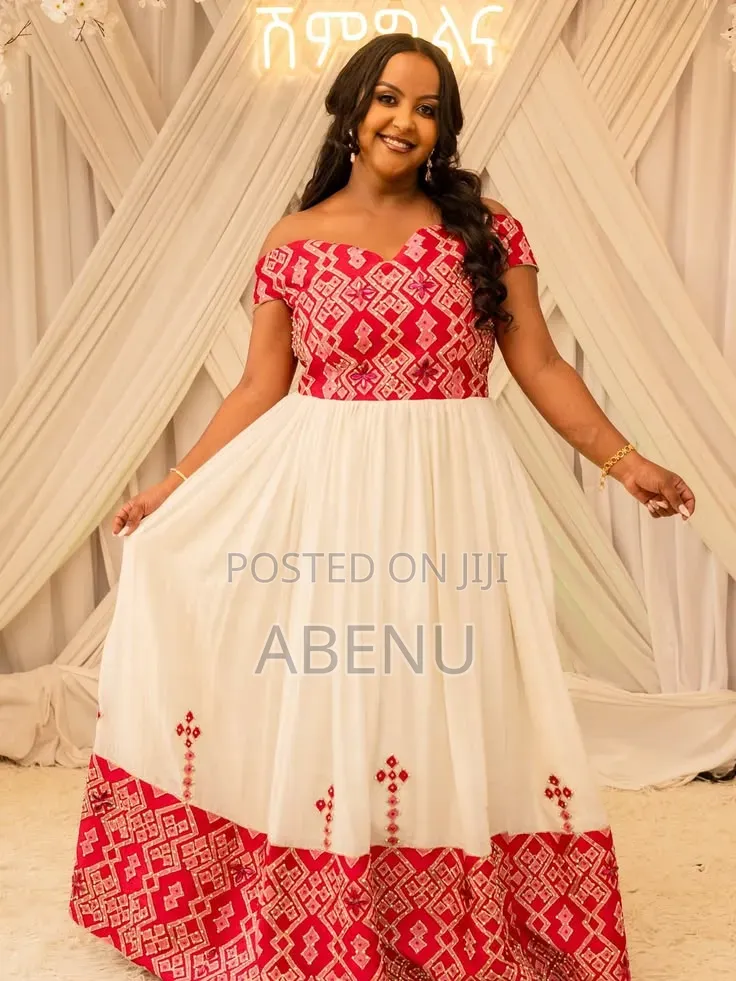Elegant White Emerald Green Habesha Kemis | Traditional Ethiopian