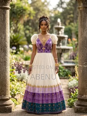Elegant White Gold Habesha Kemis Ethiopian Traditional Dress