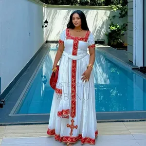 Elegant White Red Habesha Kemis | Traditional Ethiopian Dress
