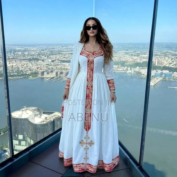 Elegant White Red Habesha Kemis | Traditional Ethiopian Dress