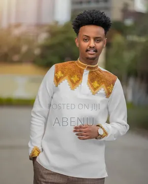 White Ethiopian Traditional Men's Shirt | Habesha Embroidered Shirt