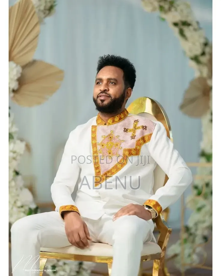 White Ethiopian Traditional Men's Shirt | Habesha Embroidered Shirt