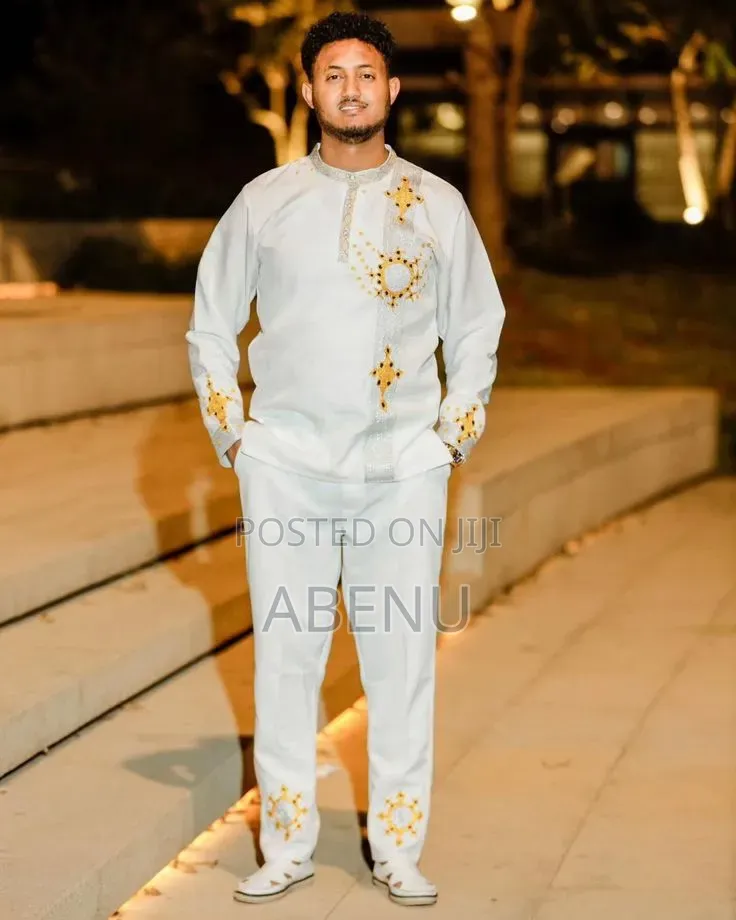 Elegant White Mint Green Habesha Men's Traditional Shirt