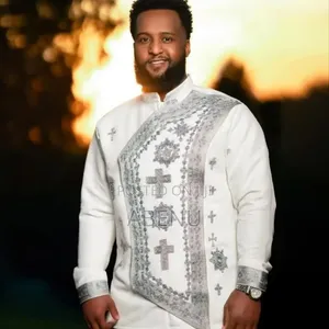Elegant White Ethiopian Habesha Men's Shirt With Silver Cross Embroide
