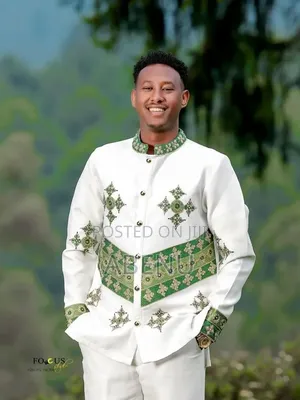 Elegant White Ethiopian Habesha Men's Shirt With Silver Cross Embroide