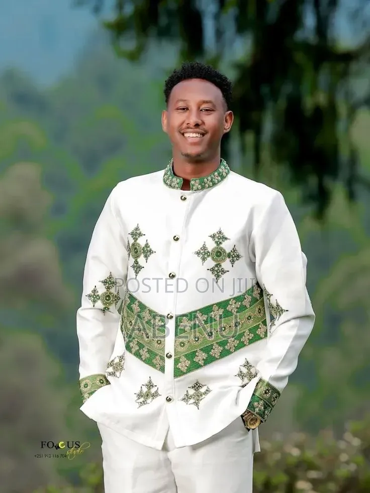 Elegant White Ethiopian Habesha Men's Shirt With Silver Cross Embroide
