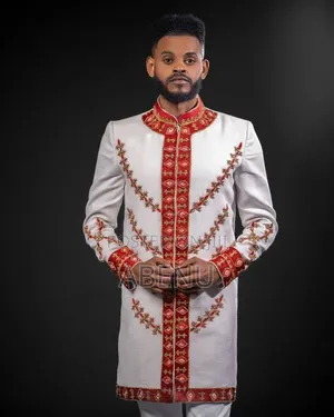 Elegant White Ethiopian Habesha Men's Shirt With Silver Cross Embroide