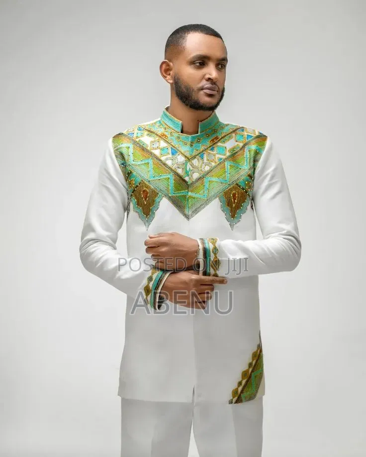 Elegant White Gold Habesha Men's Traditional Shirt | Ethiopian Cultu