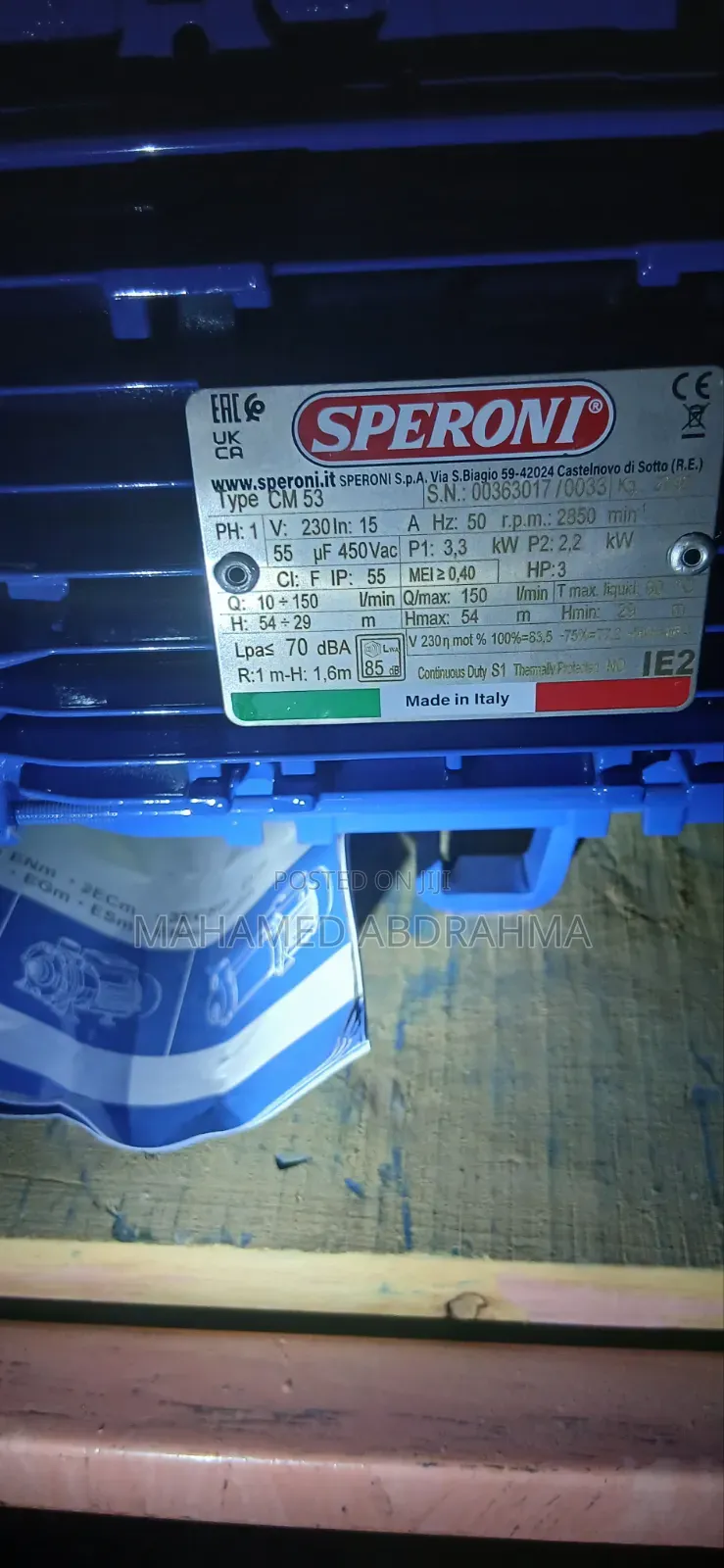 Speroni Electrical Water Pump 3hp 220_240 v Made in Italy