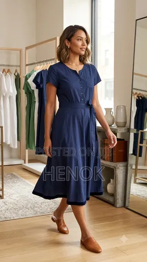 Navy Blue Short-Sleeve Midi Shirt Dress With Waist Tie