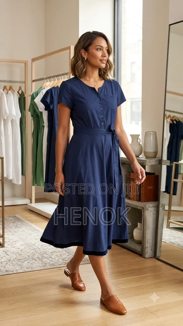 Navy Blue Short-Sleeve Midi Shirt Dress With Waist Tie