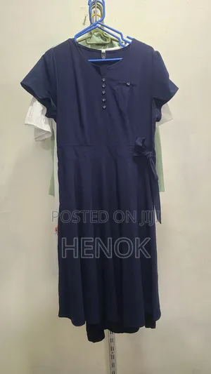 Navy Blue Short-Sleeve Midi Shirt Dress With Waist Tie