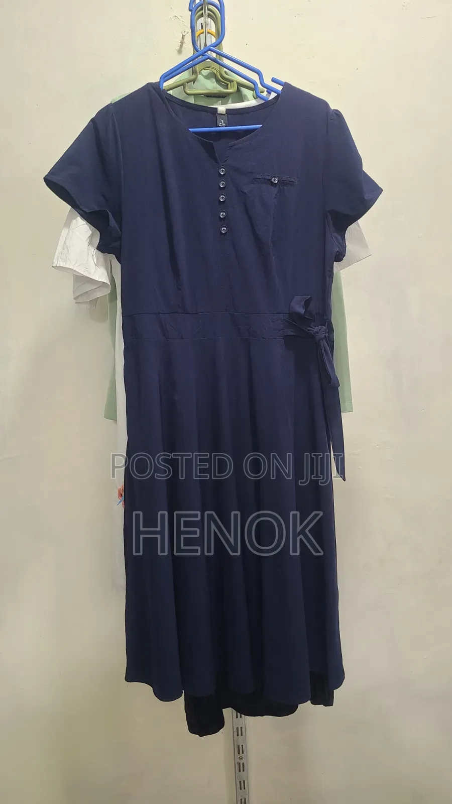 Navy Blue Short-Sleeve Midi Shirt Dress With Waist Tie