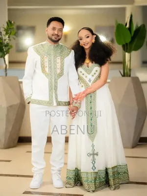 Elegant White Green Habesha Kemis With Traditional Ethiopian 