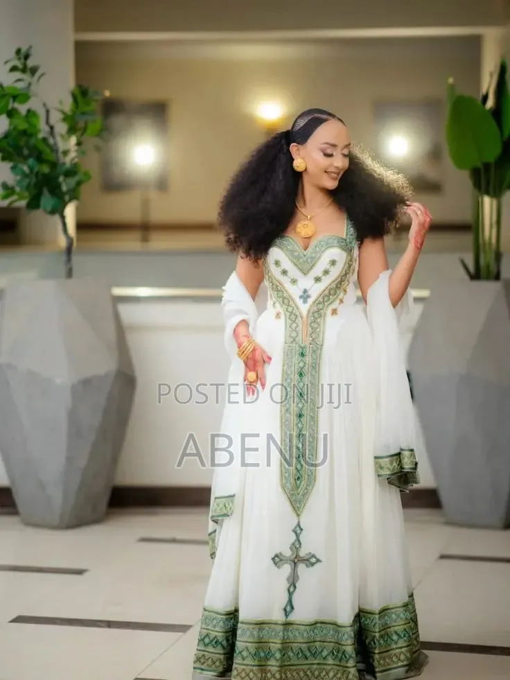 Elegant White Green Habesha Kemis With Traditional Ethiopian 
