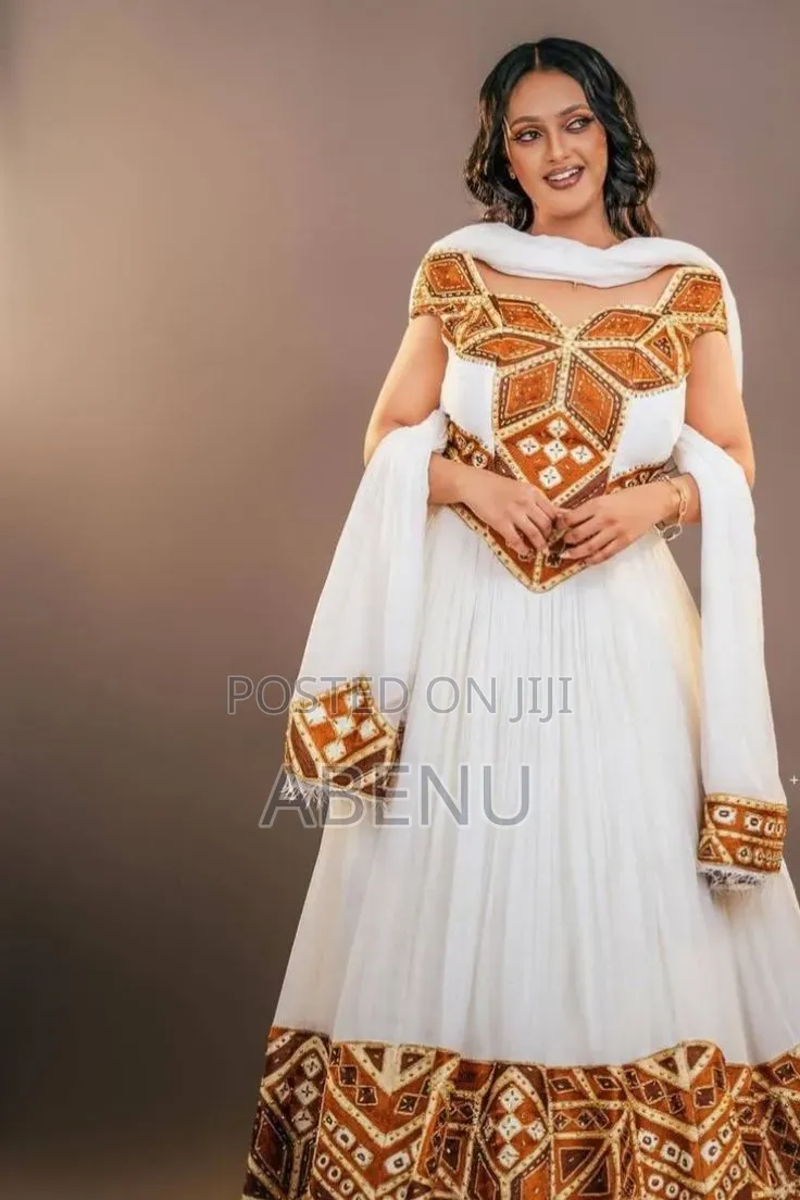 Elegant White Green Habesha Kemis With Traditional Ethiopian Cross 