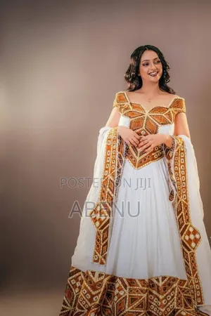 Elegant White Green Habesha Kemis With Traditional Ethiopian Cross 