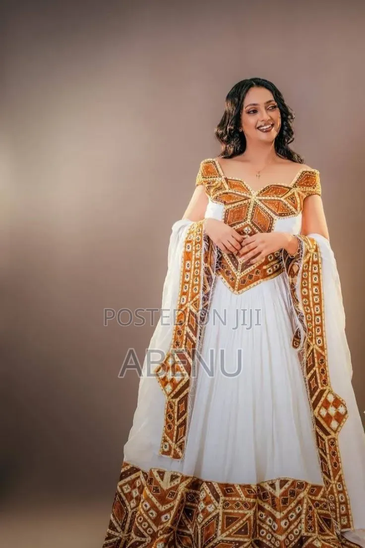 Elegant White Green Habesha Kemis With Traditional Ethiopian Cross 