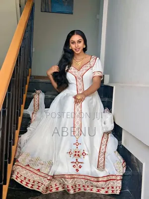 Elegant White Habesha Kemis With Green Gold Embroidery