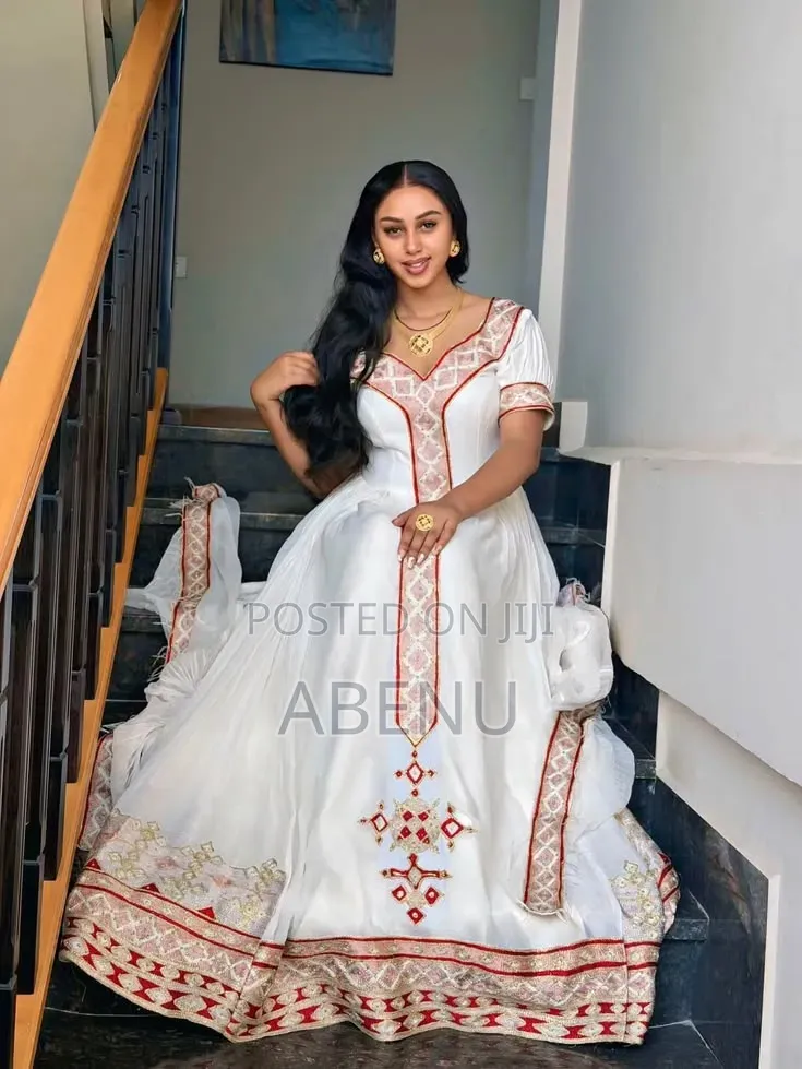 Elegant White Habesha Kemis With Green Gold Embroidery