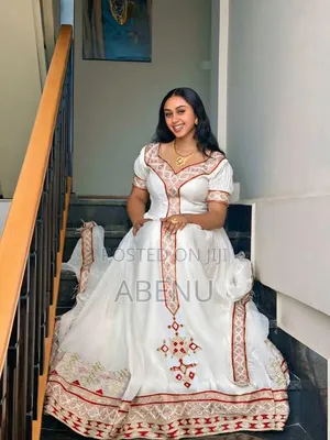 Elegant White Habesha Kemis With Green Gold Embroidery