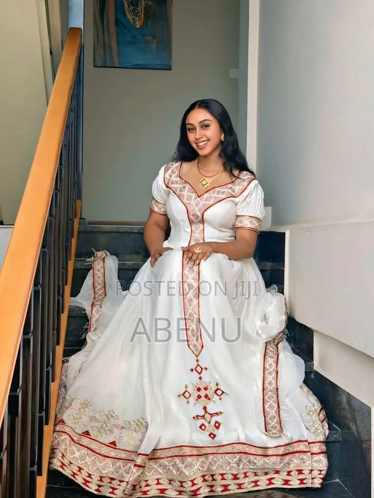 Elegant White Habesha Kemis With Green Gold Embroidery