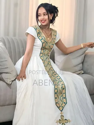 Elegant White Habesha Kemis With Green Gold Embroidery