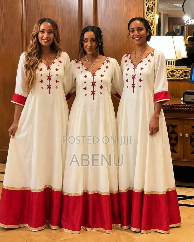 Elegant White Teal Habesha Kemis With Traditional Tibeb