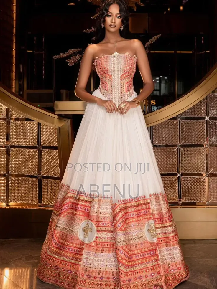 Elegant Strapless Habesha-Inspired Corset Gown in White Coral