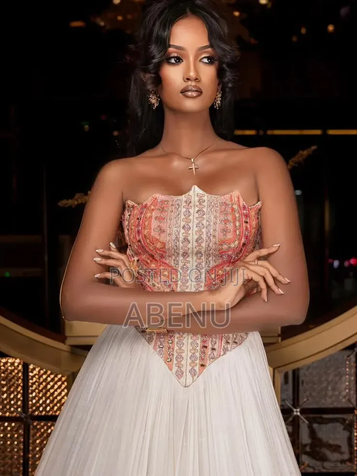 Elegant Strapless Habesha-Inspired Corset Gown in White Coral