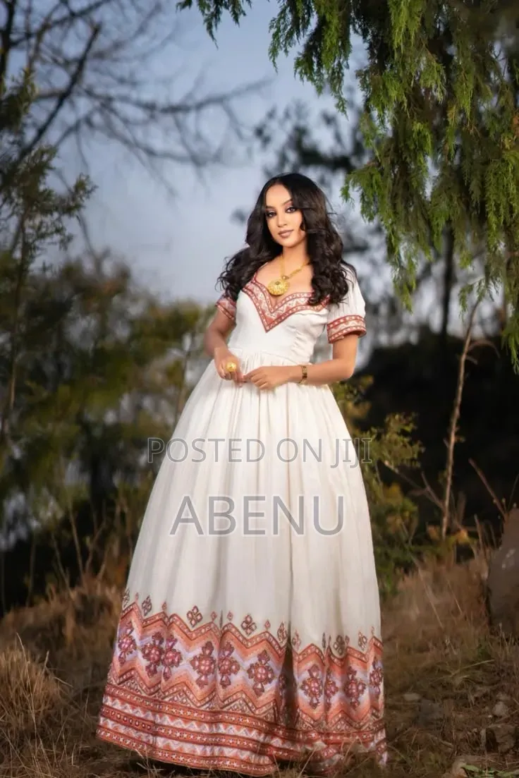 Elegant White Terracotta Habesha Kemis – Ethiopian Traditional Dress