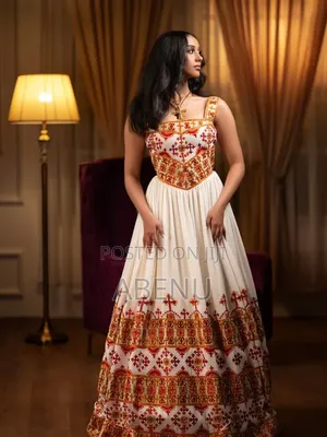 Elegant White Red Habesha Kemis – Ethiopian Traditional Dress