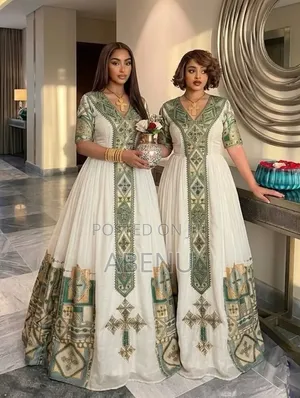 Elegant Green White Habesha Kemis Duo