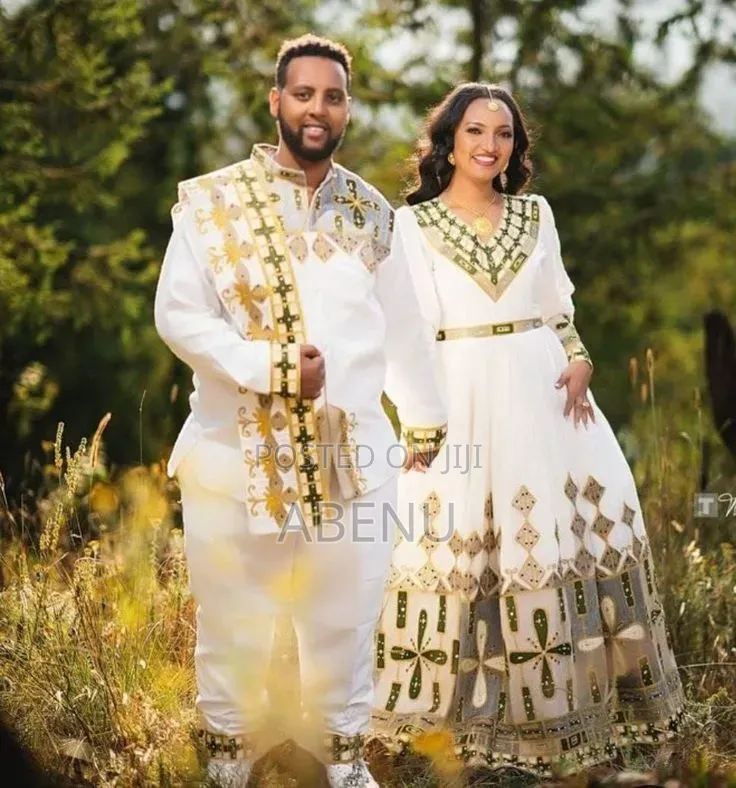 Elegant Green White Habesha Kemis Duo