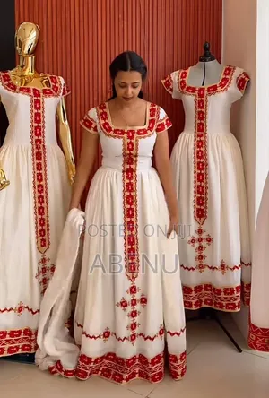 Elegant White Red Ethiopian Habesha Kemis