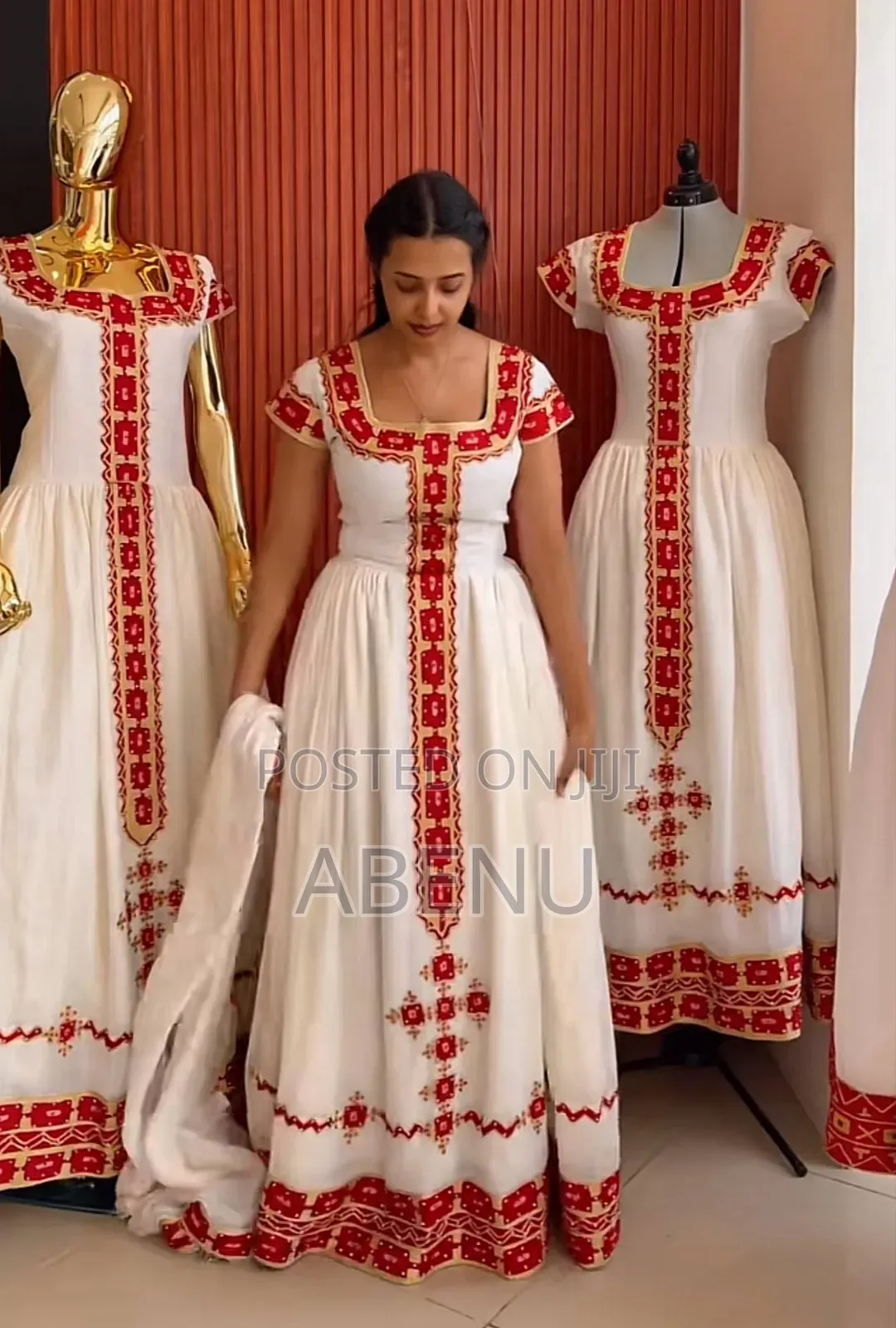 Elegant White Red Ethiopian Habesha Kemis