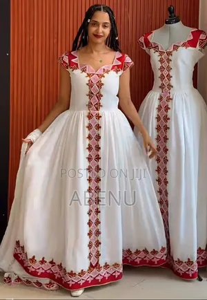 Elegant White Pink Ethiopian Habesha Kemis