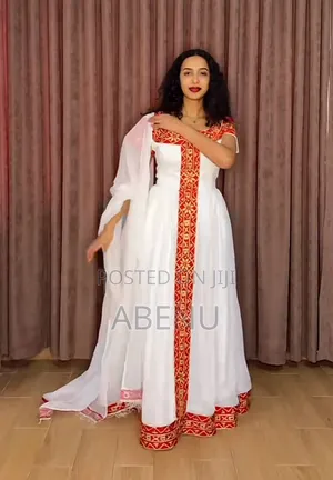 Elegant White Pink Ethiopian Habesha Kemis