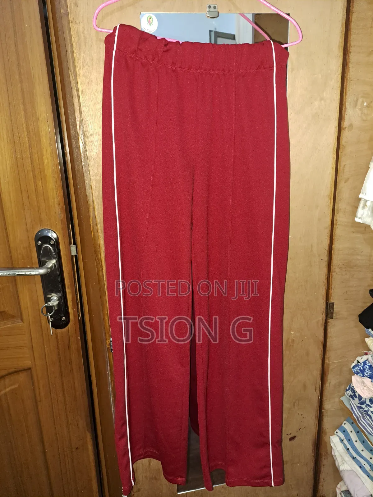 Women’s Red Wide-Leg Track Pants With White Stripes