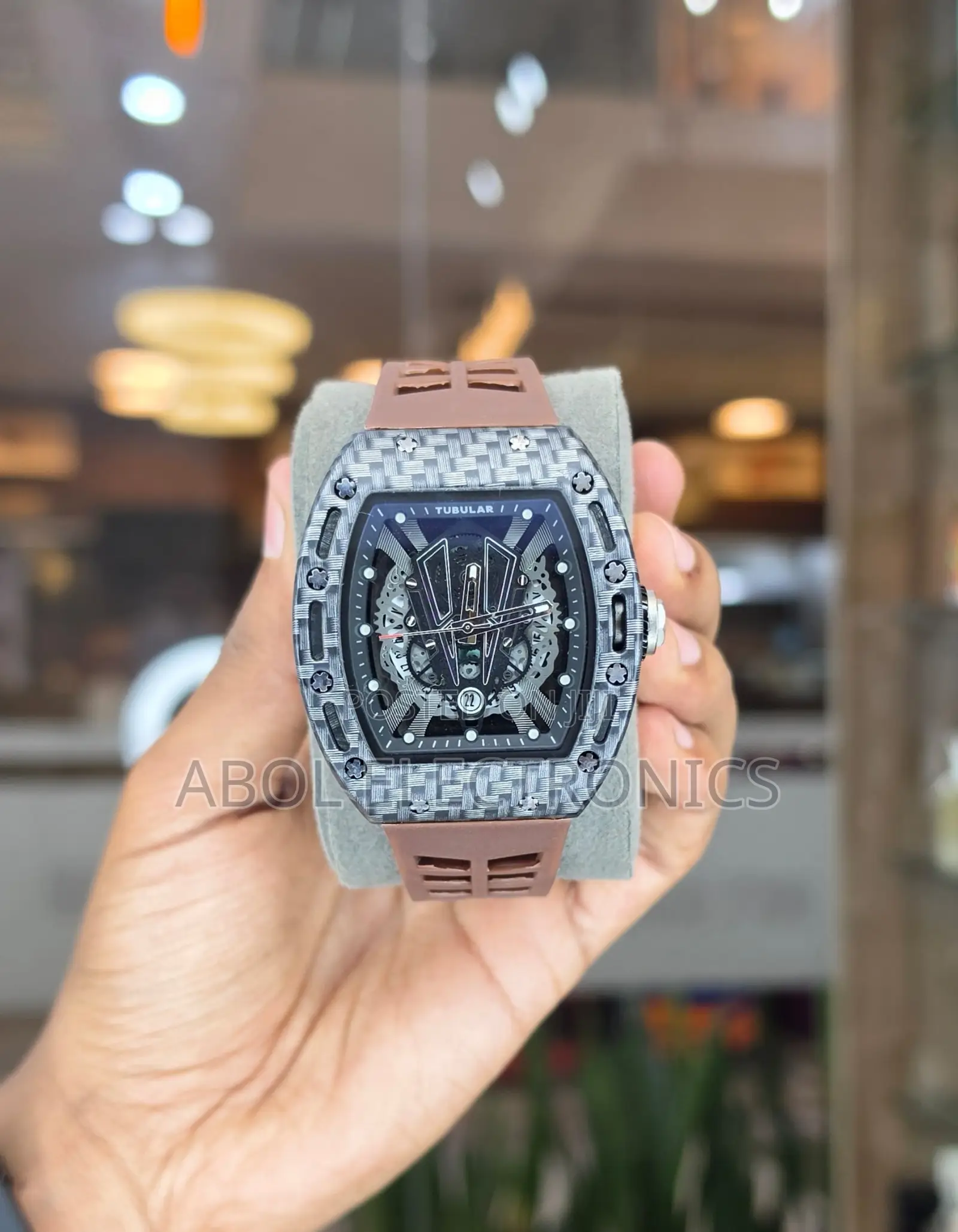 Tubular Carbon Pattern Skeleton Automatic Watch – Brown Rubber Strap