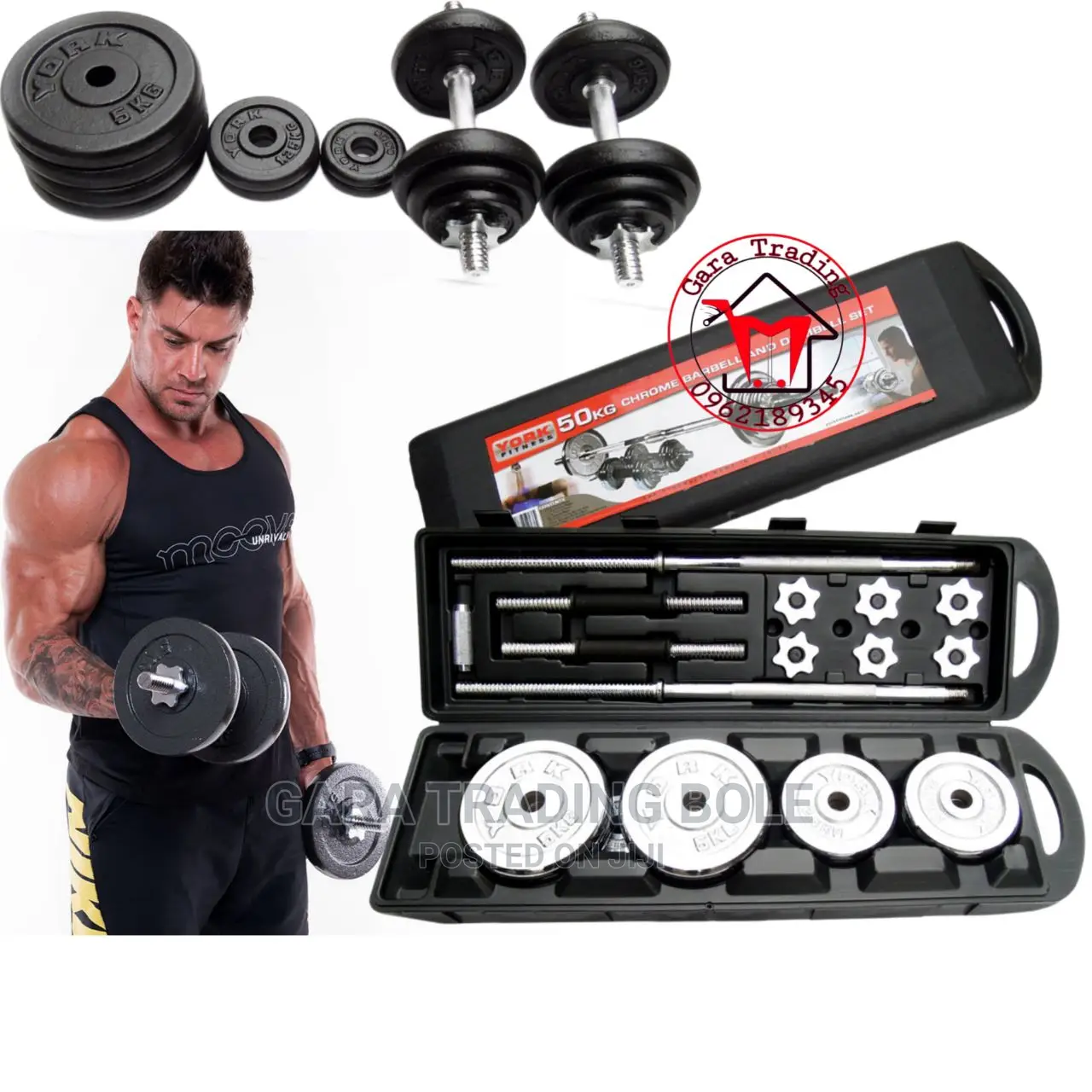 Dumbbell and Barbell 50kg Silver Black Delivery Available