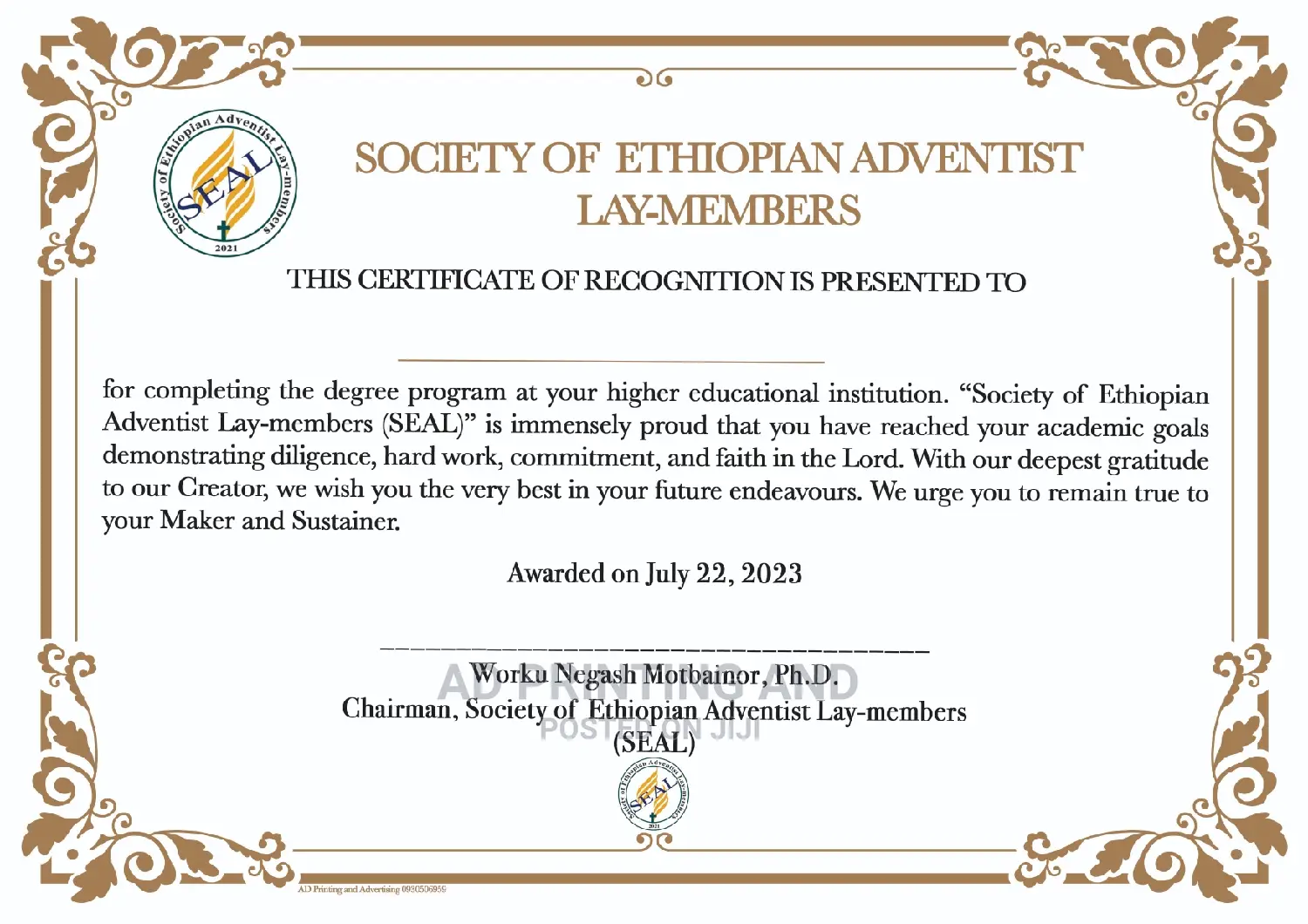 Certificate Printing on Special Card