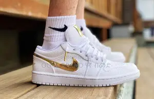 Origional Nike Air Jordan 1 Low White Metallic Gold Shoes