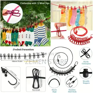 Elastic Laundry Rope 180 Cm ርዝመት እስከ 360cm የሚለጠጥ ከ 12 ማንጠልጠያ