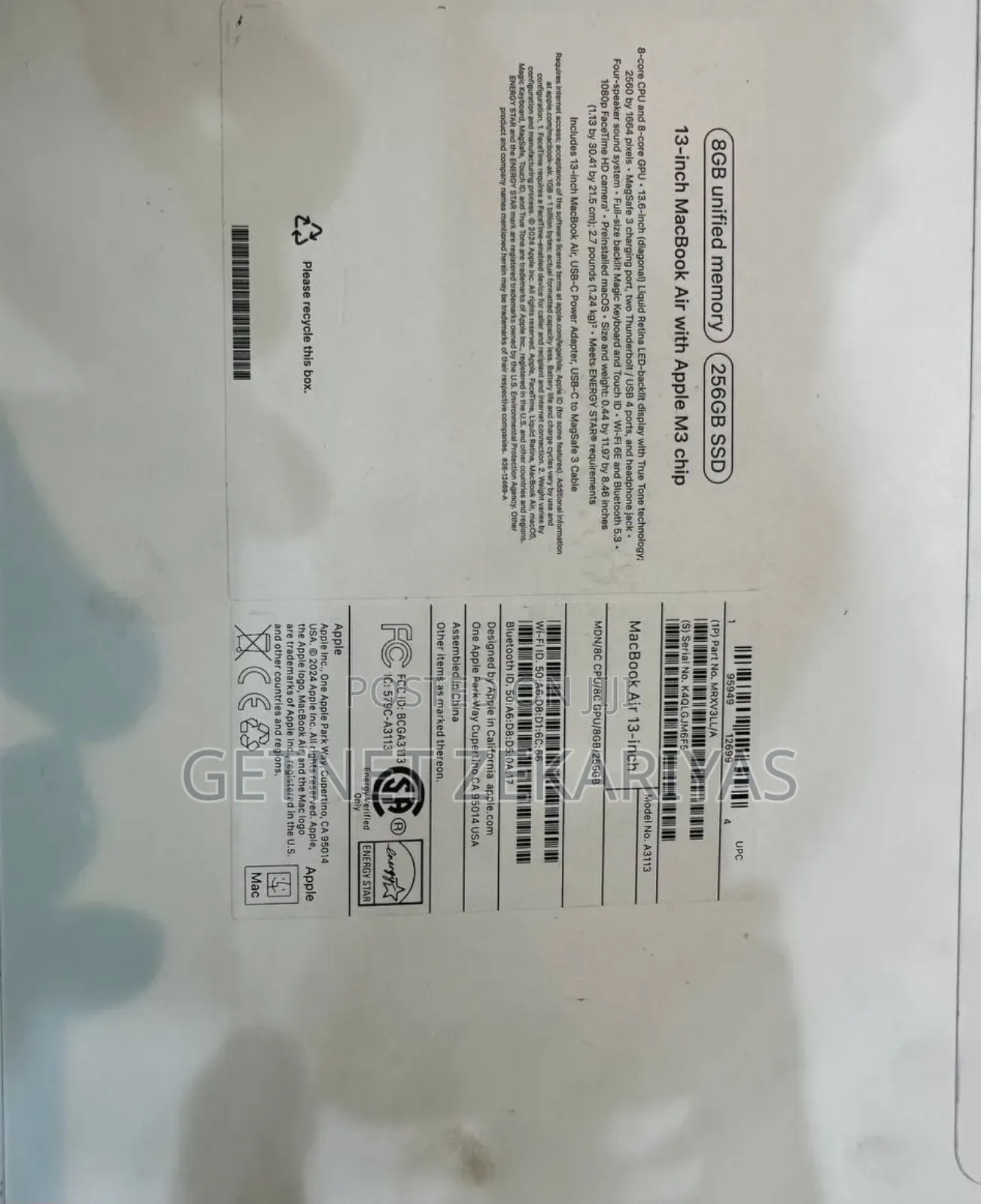 New Laptop Apple MacBook Air 2024 M3 13-Inch 8GB Apple M3 SSD 256GB