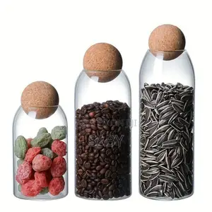 3pcs Glass Food Storage Jars With Ball Shaped Wood Lid