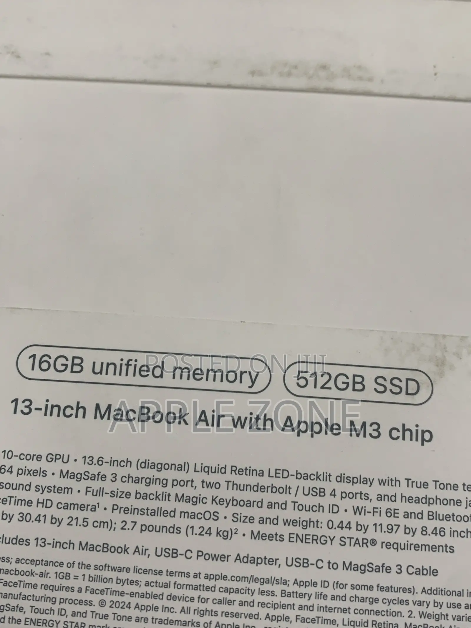 New Laptop Apple MacBook Air 2024 M3 13-Inch 16GB Apple M3 SSD 512GB