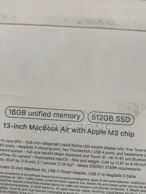 New Laptop Apple MacBook Air 2024 M3 13-Inch 16GB Apple M3 SSD 512GB