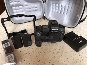 Canon R With Cage and Extras on Hand